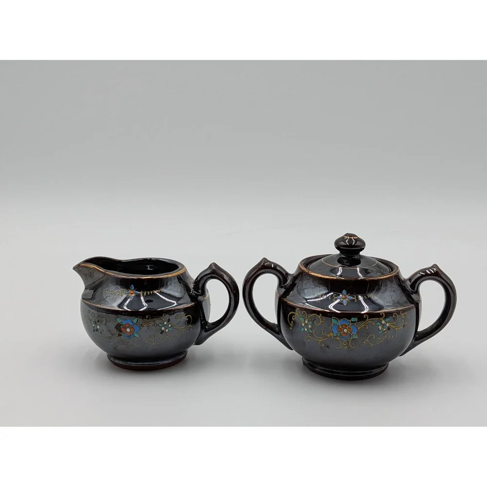 Vintage Japan Ceramic Creamer Pitcher‎ and Sugar Bowl with Lid Floral Accents